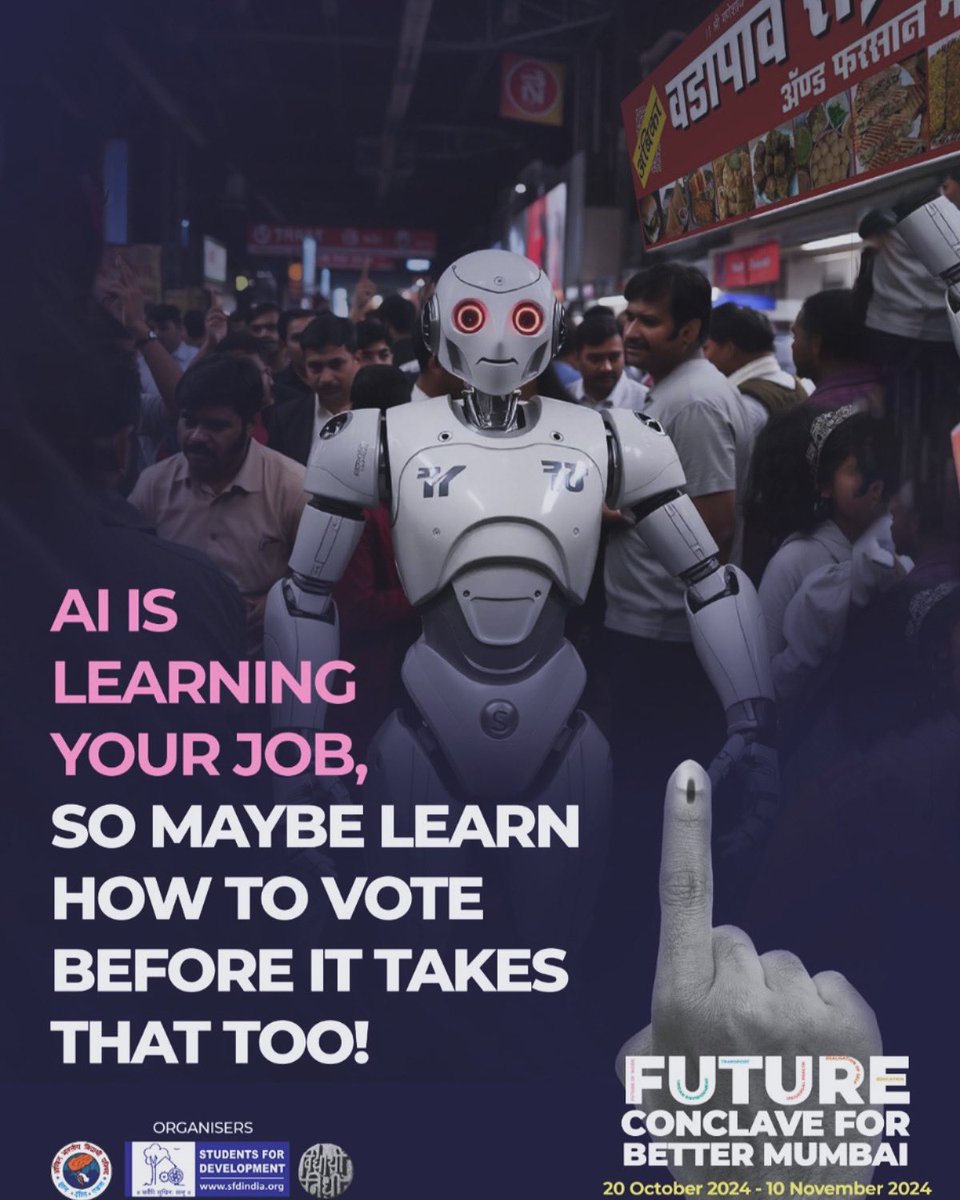 ABVPMumbai's tweet photo. Swipe right on democracy before AI swipes you left!
Your job, your voice, your vote—don’t let a robot steal your spotlight!
FUTURE- Conclave for Better Mumbai
#FUTUREConclave #Mumbai #Vote #Maharashtra https://t.co/k2fG88ASam