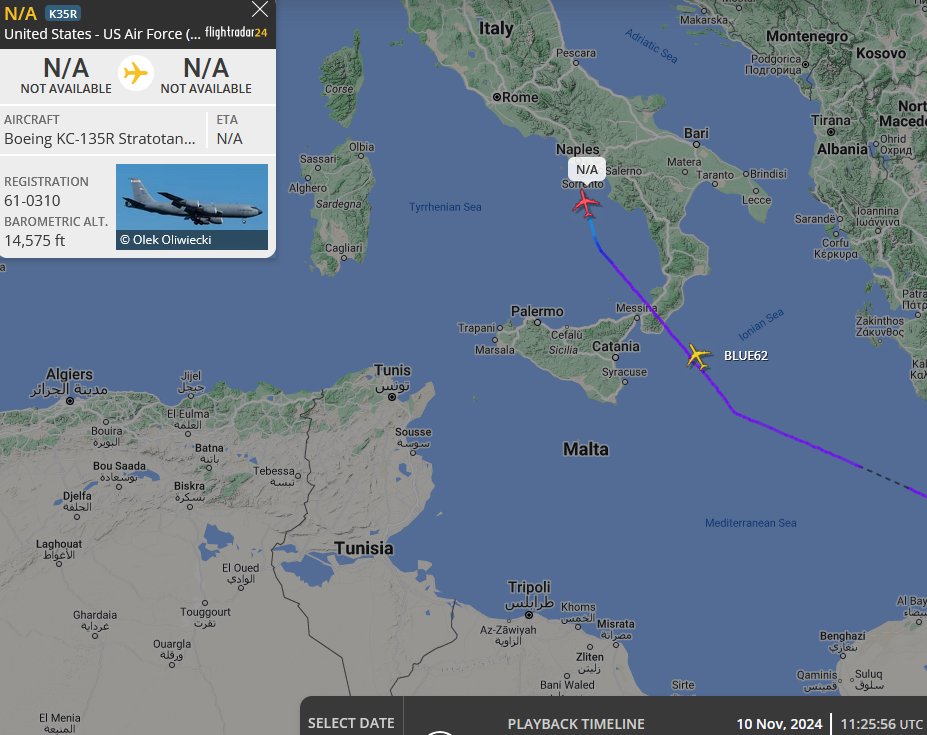 SirListenalot's tweet photo. 0525z #KC135 #AE0261 #BLUE61 out of Prince Sultan at FL210, Likely dragging #A10's. To Souda Bay? To Sigonella? BLUE61 into Naples? https://t.co/GjKxyb3jau
