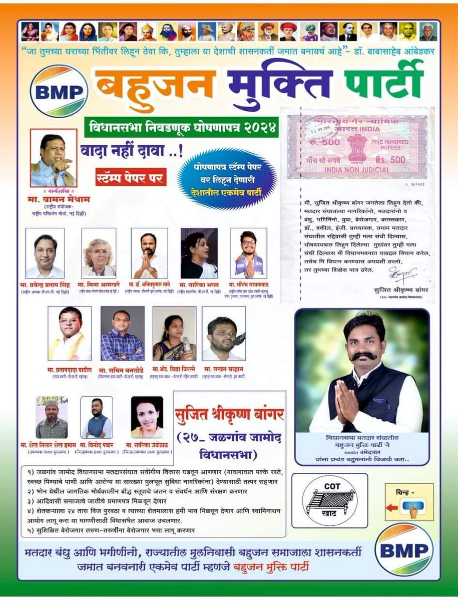 #राजनीति_जन_आन्दोलन_के_लिए 
#27_जलगांव_जामोद_विधानसभा से
बहुजन मुक्ति पार्टी के उम्मीदवार मा.सुजीत श्रीकृष्णा बांगर जी को जीत का अग्रिम बधाई......