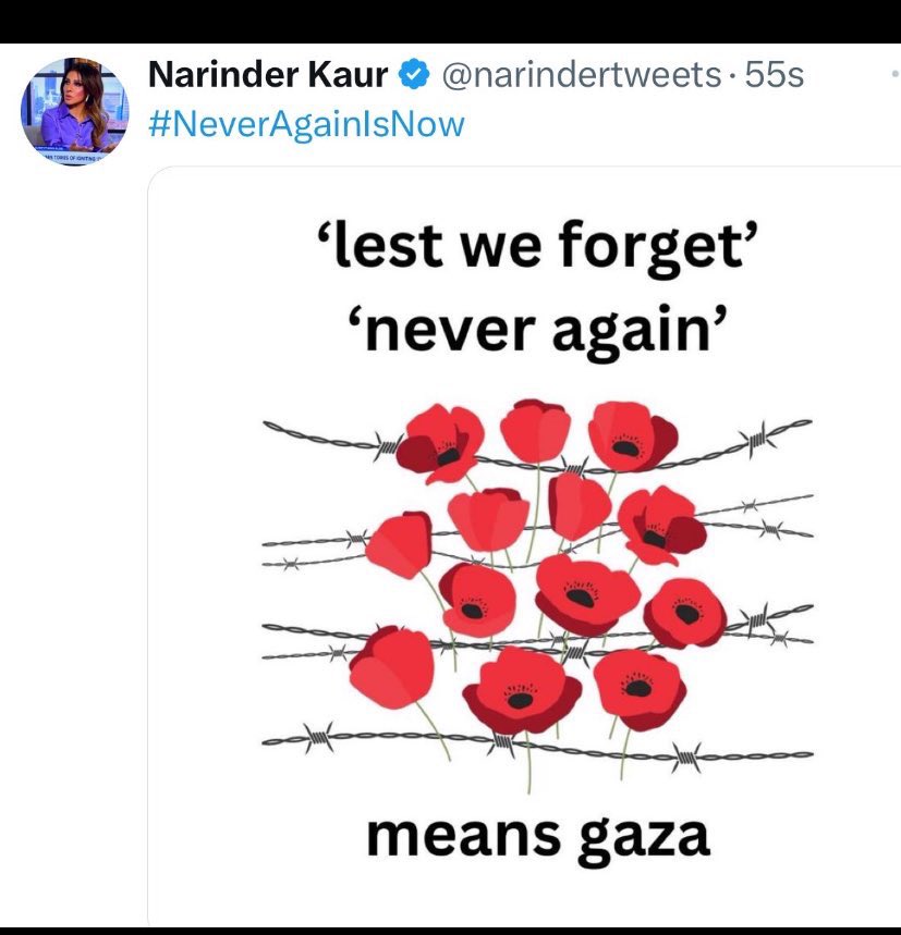 Farmer_Boycie's tweet image. This is one of the most disgusting individuals on social media. This must be the end of her television career. This isn’t about Gaza this is making a statement to piss people off remembering our war veterans and heroes. @narindertweets must never be on our screens again. Scum