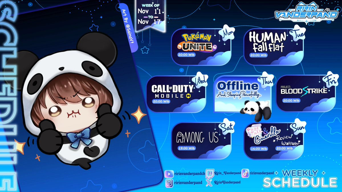 RirinVanderpand's tweet photo. Weekly Schedule 🐼
11 - 17/11 2024
【Hashtag】
🐼 Main hashtag : #ririnvanderpand
🐼 General : #vanderpand
🐼 Fan Art : #vanderpandart
🐼 Memes : #ririnemes
🐼 Live : #ririnpand_live
🐼 Fan Name : #vanderfam
#vtuberindonesia #vtuberid #vtuber #weeklyschedule #fanmily https://t.co/FumiKtrBbk