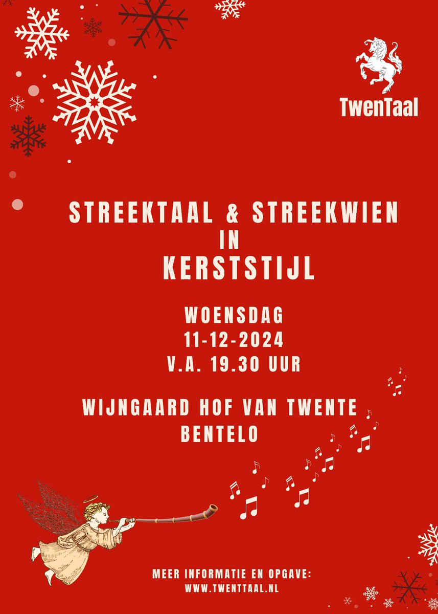 Woensdag 11/12 n’n g’neuglijke Twentse oavond: “Op Kerst op an”, saamn met #twenttaal en #X-masCarols. Meer info: twentaal.nl