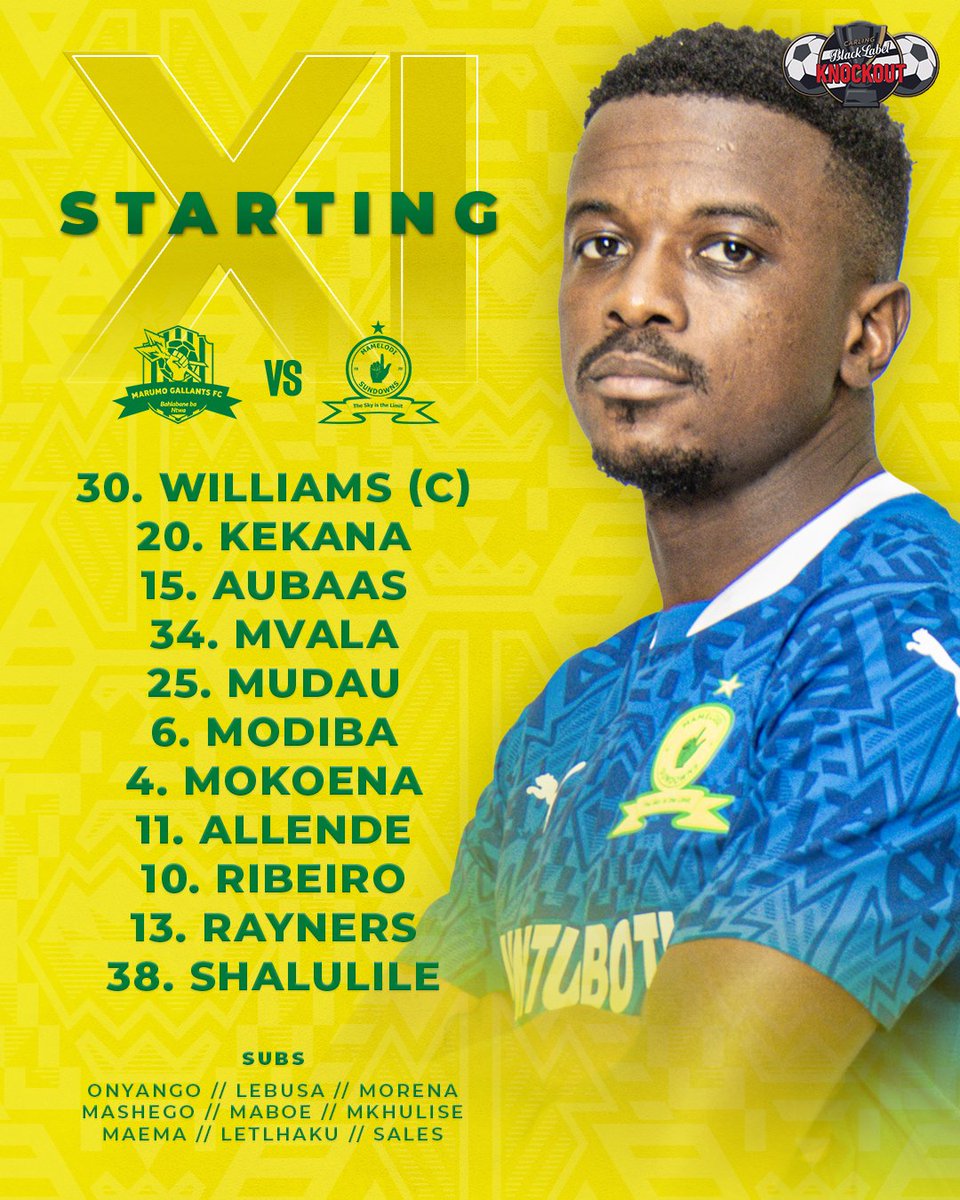 Masandawana's tweet photo. 🚨𝙎𝙏𝘼𝙍𝙏𝙄𝙉𝙂 𝙓𝙄🚨

🆚 Marumo Gallants 
⏰ 15H00
🏟 Dr Molemela Stadium
📺 SS 202 &amp; SABC 1

#Sundowns #CarlingKnockout #RabatsenaGape https://t.co/xIqjRoJVpV