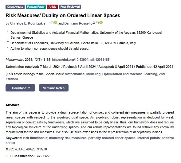 MathematicsMDPI's tweet image. 📦 A paper may raise your interest. #Callforreading #paticularinterested
📑Title: Risk Measures’ Duality on Ordered Linear Spaces 
📍 Link: buff.ly/3NZYRab 
#Functional_analysis; 
#statistical_methods; 
#risk_measures  
@MDPIOpenAccess @ComSciMath_Mdpi