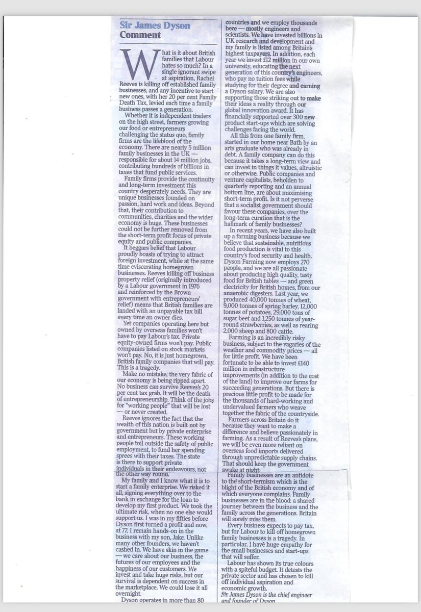 An excellent letter by Sir James Dyson. Well worth reading, many valid points, and we in our ‘farming’ bubble need to remember that it’s all businesses that IHT applies too, &amp; is equally unaffordable to many of them.