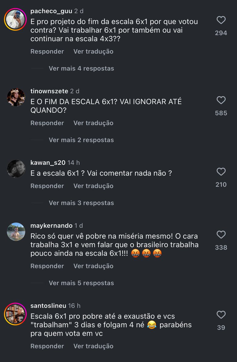 comentwei's tweet photo. O POVO ACORDOU! 🆘

A galera detonando o Nikolas Ferreira na ultima postagem dele por ter ido contra a pec do fim da escala 6x1.

E isso precisa ser só o começo, tem que aterrorizar todos esses políticos filhos da p* que trabalham na escala 3x4 e que tiram 120 dias de férias mas querem ver o pobre trabalhando em exaustão sem se preocuparem com as consequências que isso pode nos trazer!

FIM DA ESCALA 6X1