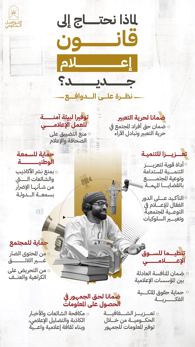 #قانون_الإعلام

بيئة إعلامية آمنة..
تضمن وصول المعلومة..
وتسهم في الرقي بعُمان..

#التواصل_الحكومي