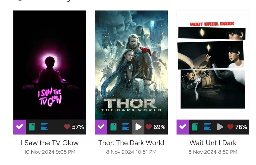 natromanovx's tweet photo. Darkness was my theme this weekend,

I Saw the TV Glow was interesting, I think it will need a rewatch before the end of the year for me. 

Thor the Dark World is my favourite Thor movie and you all can fight me on it. 

Wait Until Dark was actually a fantastic movie, loved it ❤️ https://t.co/wKLB5FI3BA