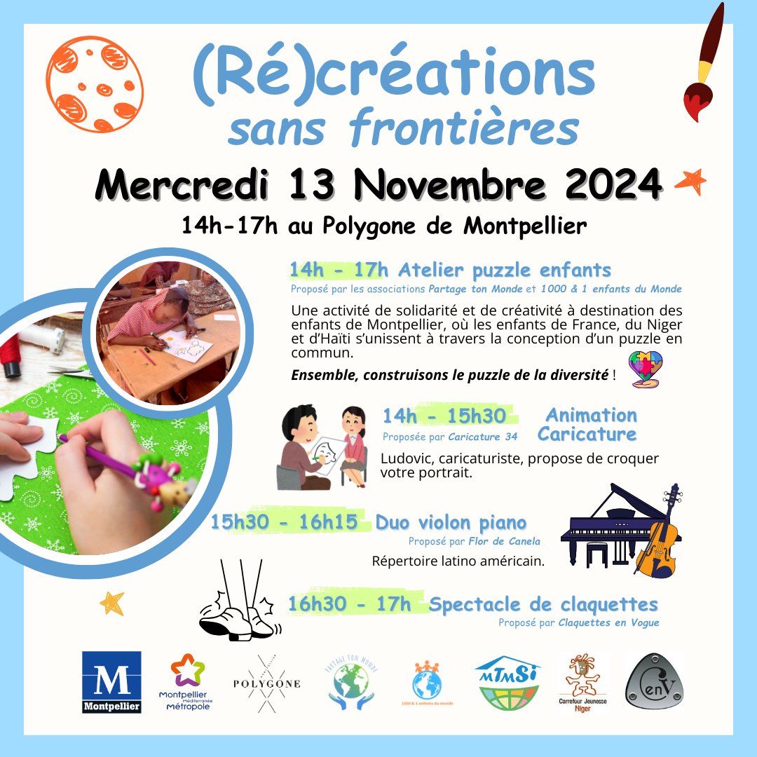 📅 RDV au <a href="/PolygoneMtp/">Polygone Montpellier</a>, ce mercredi 13/11 de 14h à 17h, pour une activité de créativité destinée aux enfants, avec 1000 et 1 Enfants du Monde !🌍Ensemble, nous complèterons un puzzle international aux couleurs de la solidarité !

#solidarité #partage #festisol #montpellier