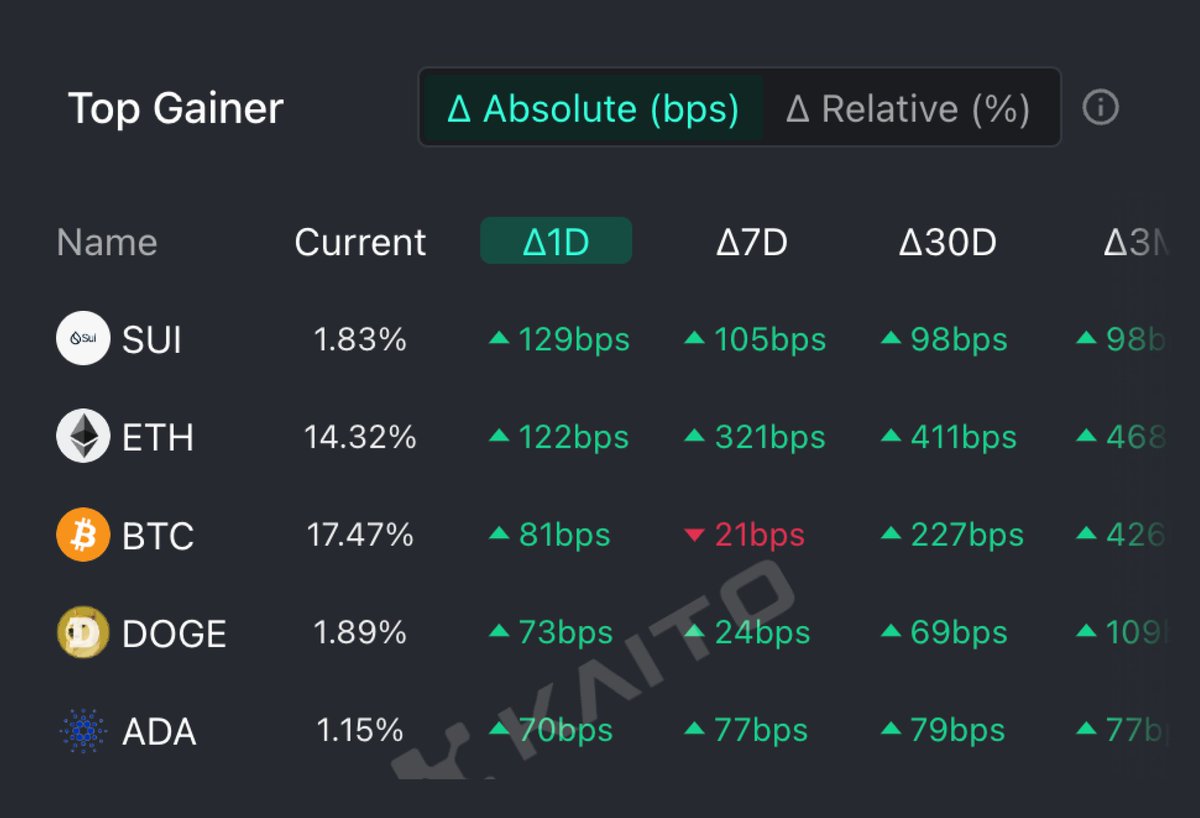 Sui and Cardano have entered the arena.

Today's top mindshare gainers.