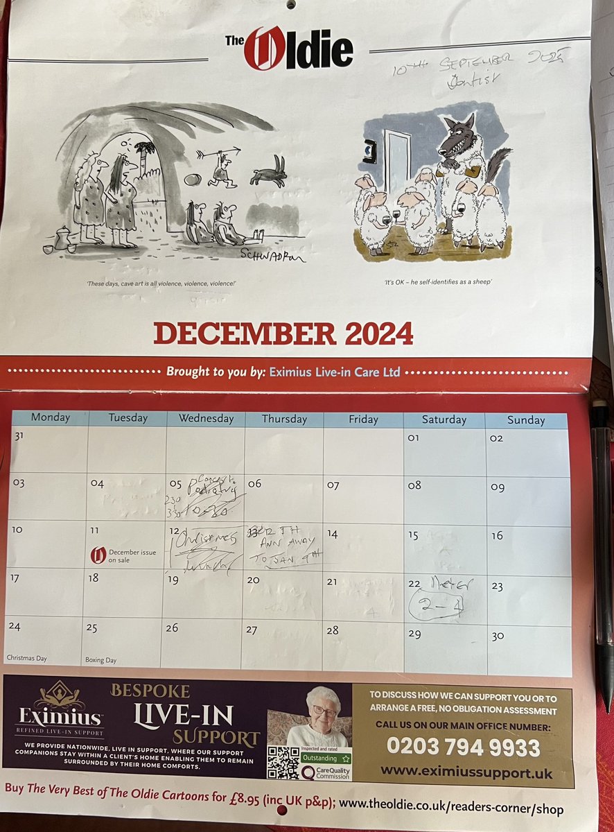 Top work from <a href="/OldieMagazine/">The Oldie</a>, my 92 yr old mother couldn’t work out why all the days are wrong, someone’s at the printers has forgotten 2024 is a leap year but only for December.