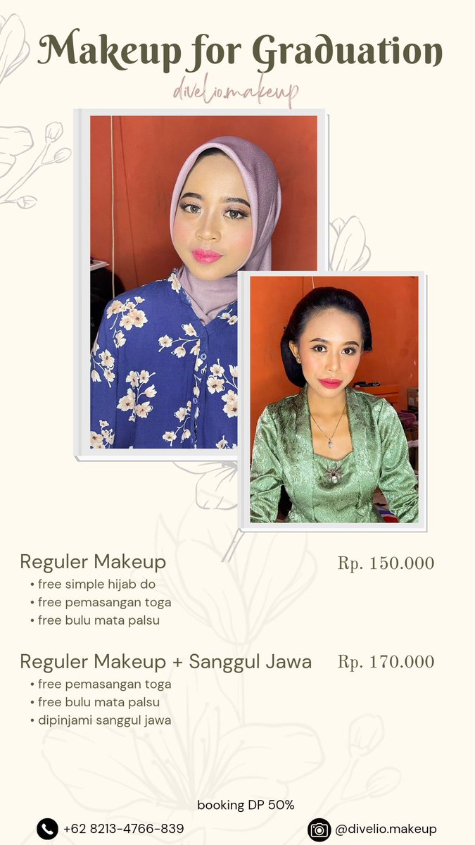 SoloMenfess's tweet photo. hallo lur, buat yg cari makeup wisuda bisa lirik mua satu ini, untuk hasil makeup lainnya bisa cek 
instagram @divelio.makeup
atau hubungi nomor +62 821-3476-6839 https://t.co/ba4zzBOTyE