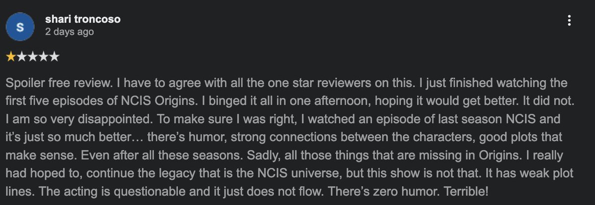 A 1⭐️ review from someone who binge-watched the first 5 episodes of NCIS:Origins as opposed to the weekly watch. 

#SaveNCISHawaii #NCISHawaii @skydance <a href="/CBSNetworkPR/">CBS Network PR</a>