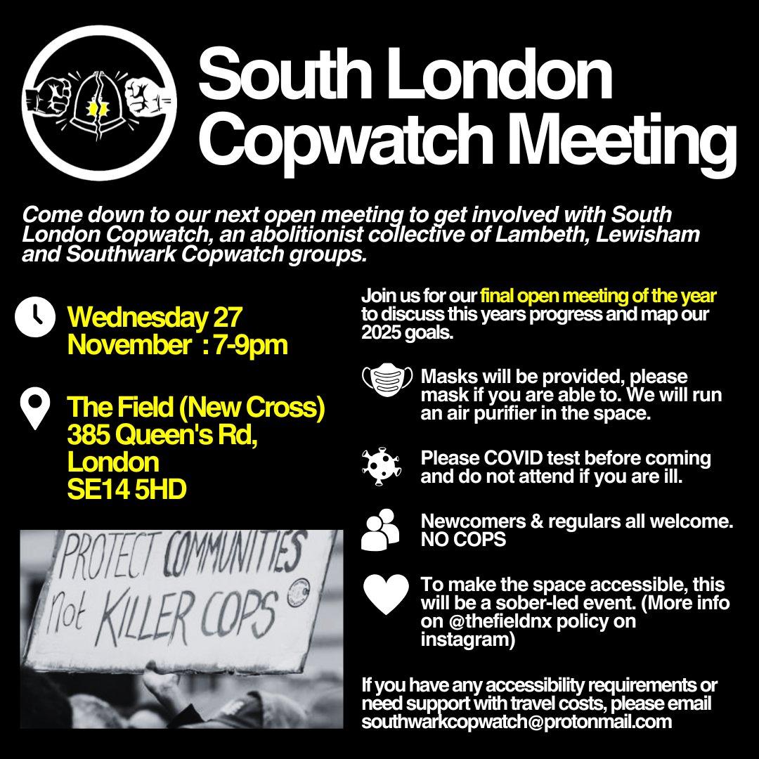 Join us for our final open meeting of the year at the Field, New Cross before our winter social 🫂 
We'll be recapping this years organising, reflecting our wins and losses and start planning for how we move forward 💞 
SAVE THE DATE: Weds 27 November 7-9pm