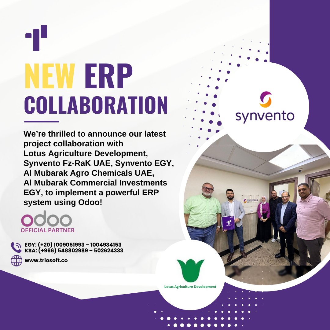 Triosoft_'s tweet image. We’re thrilled to announce our latest project collaboration with Lotus Agriculture Development, 
Synvento Fz-RaK UAE, Synvento EGY, Al Mubarak Agro Chemicals UAE,  to implement a powerful ERP system using Odoo! 🇪🇬🇦🇪
Stay tuned for more updates !✨
#Triosoft #erp #odoo