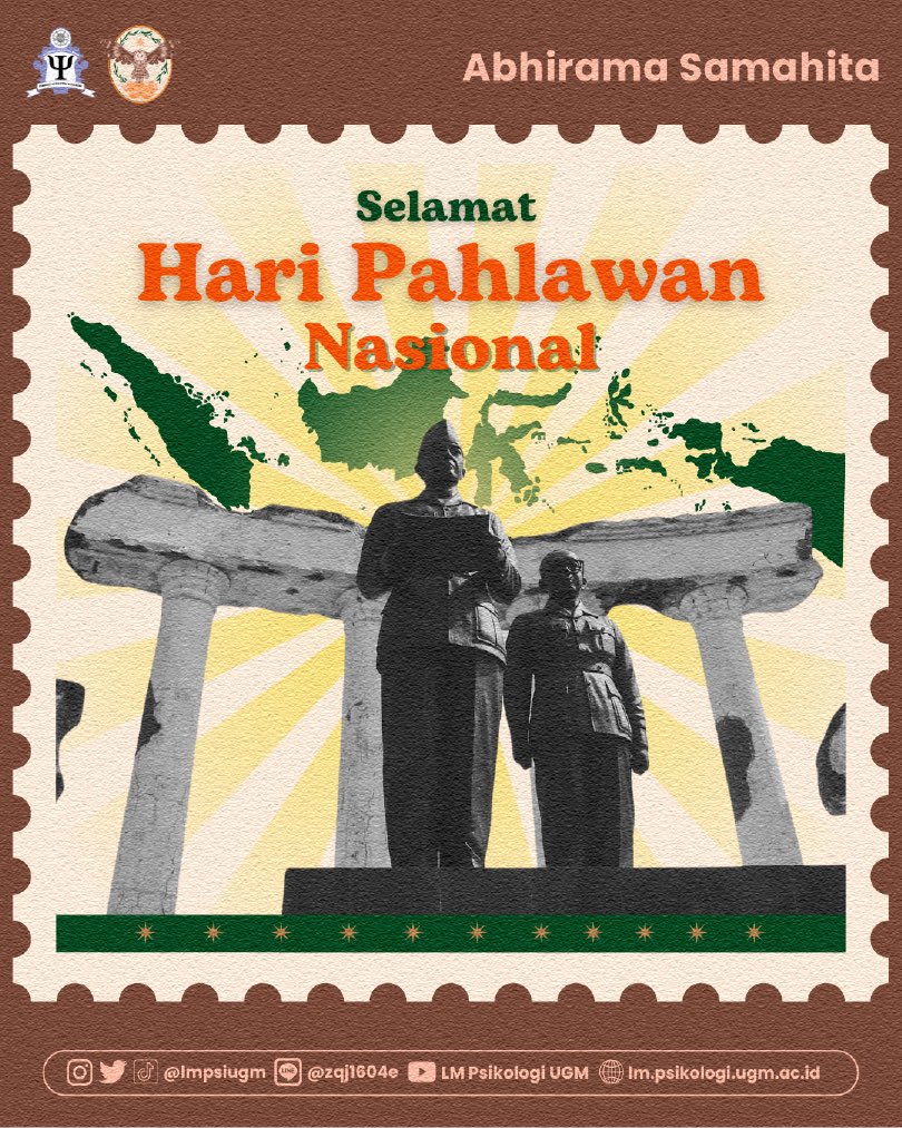 Selamat Hari Pahlawan! Mengenang jasa para pahlawan yang berjuang demi kemerdekaan, mari kita lanjutkan semangat mereka dengan aksi nyata untuk Indonesia. 

#KabinetAbhiramaSamahita
#SatuCita
#LMPsiUGM24