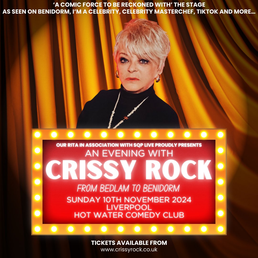 🎤✨ LAST CALL FOR TICKETS! ✨🎤 

Don’t miss ‘An Evening with Crissy Rock’ at Hot Water Comedy Club tonight at 7pm!

🔥 Tickets are selling fast—this is your final chance to grab yours! 

👉 hotwatercomedy.co.uk/test-event-det…
