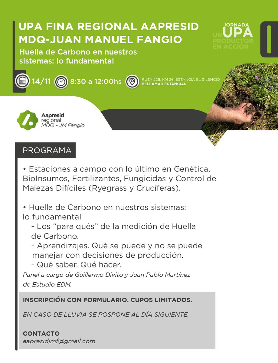 #UPA FINA, TE ESPERAMOS , #HUELLADECARBONO! Junto con <a href="/EstudioEdm/">EDM - Estudio Agronómico</a> ! <a href="/GuilleDivito/">Guille Divito</a> <a href="/JuanPabMart/">Juan Pablo Martínez</a> ! <a href="/aapresid/">Aapresid</a>  <a href="/AapreMDQFangio/">Aapresid MDQ-JM Fangio</a>