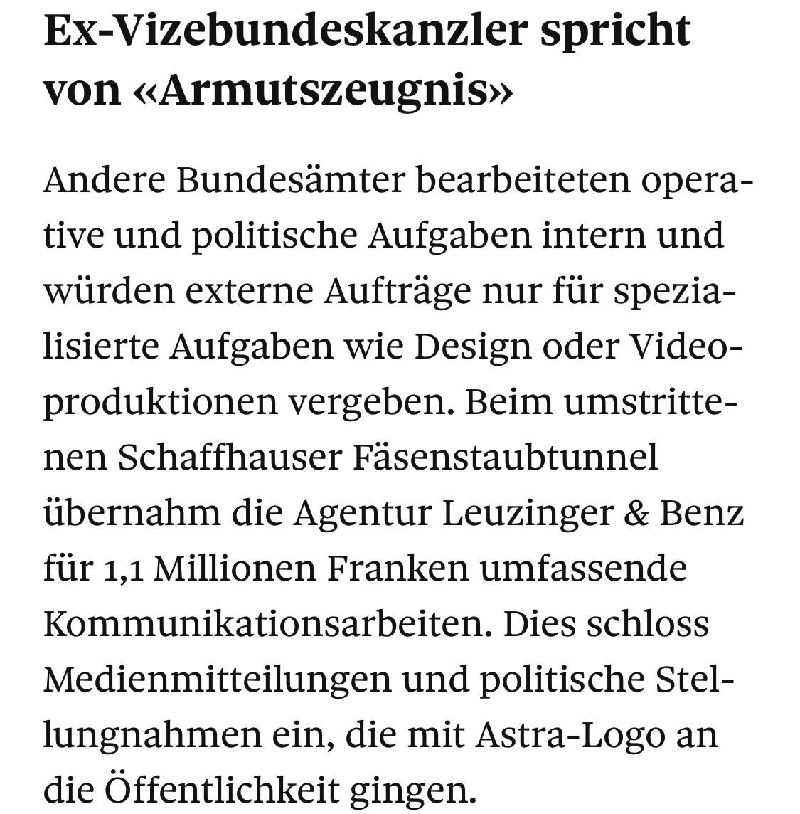 simonsepan (@sisepan) on Twitter photo Das Astra gibt via externe Agentur 1.1 Mio Franken für das Promoten des Fäsenstaub-Tunnel aus. Das ist in etwa doppelt so viel wie alle SH-Parteien für ihre Wahl- und Abstimmungskampagnen im Wahljahr 2024. Holy Sh… Quelle: <a href="/tagesanzeiger/">tagesanzeiger</a> Das Astra gibt via externe Agentur 1.1 Mio Franken für das Promoten des Fäsenstaub-Tunnel aus. Das ist in etwa doppelt so viel wie alle SH-Parteien für ihre Wahl- und Abstimmungskampagnen im Wahljahr 2024. Holy Sh… Quelle: <a href="/tagesanzeiger/">tagesanzeiger</a>