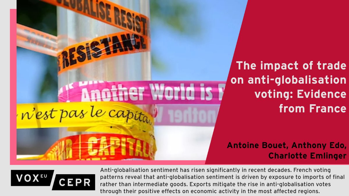 Anti-globalisation is driven by #imports of final goods rather than intermediate goods. Greater exposure to intermediate imports reduces the share of votes against #globalisation.
A Bouet <a href="/BSE_Bordeaux/">BSE</a> <a href="/CEPII_Paris/">CEPII</a>, A Edo &amp; C Emlinger <a href="/CEPII_Paris/">CEPII</a>
ow.ly/3ntJ50U13zP