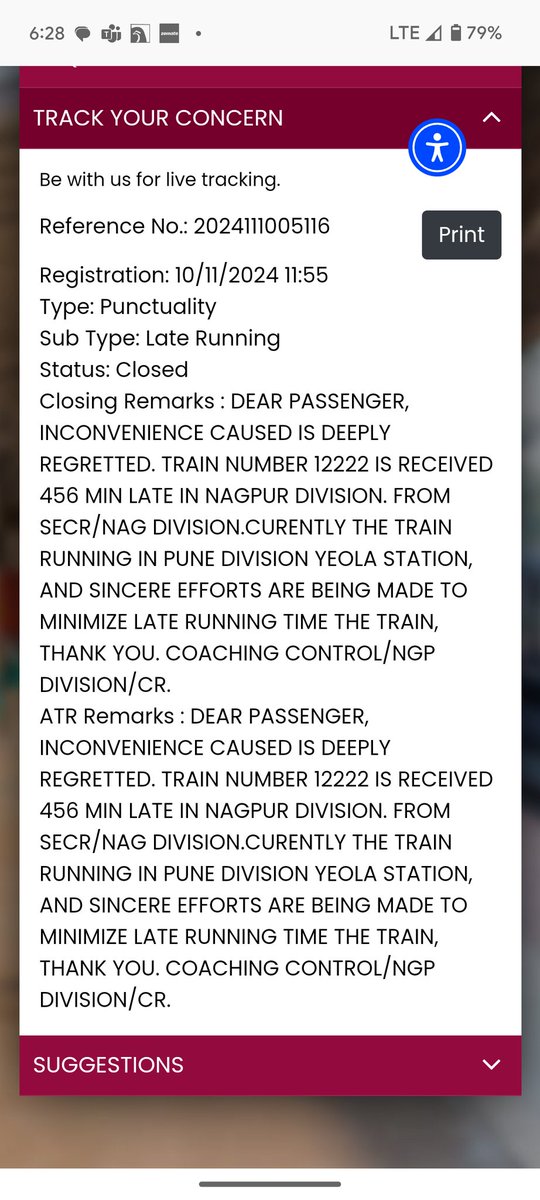 Adityakr001's tweet photo. @RailwaySeva @BhusavalDivn @RailMinIndia @IRCTCofficial 
Disappointed with the handling of my Rail Madad complaint. Train 12222 from Howrah to Pune is delayed over 10+ hours, yet the response offered no real solution, update, or compensation.  #IndianRailways https://t.co/yJKwm0H8jj