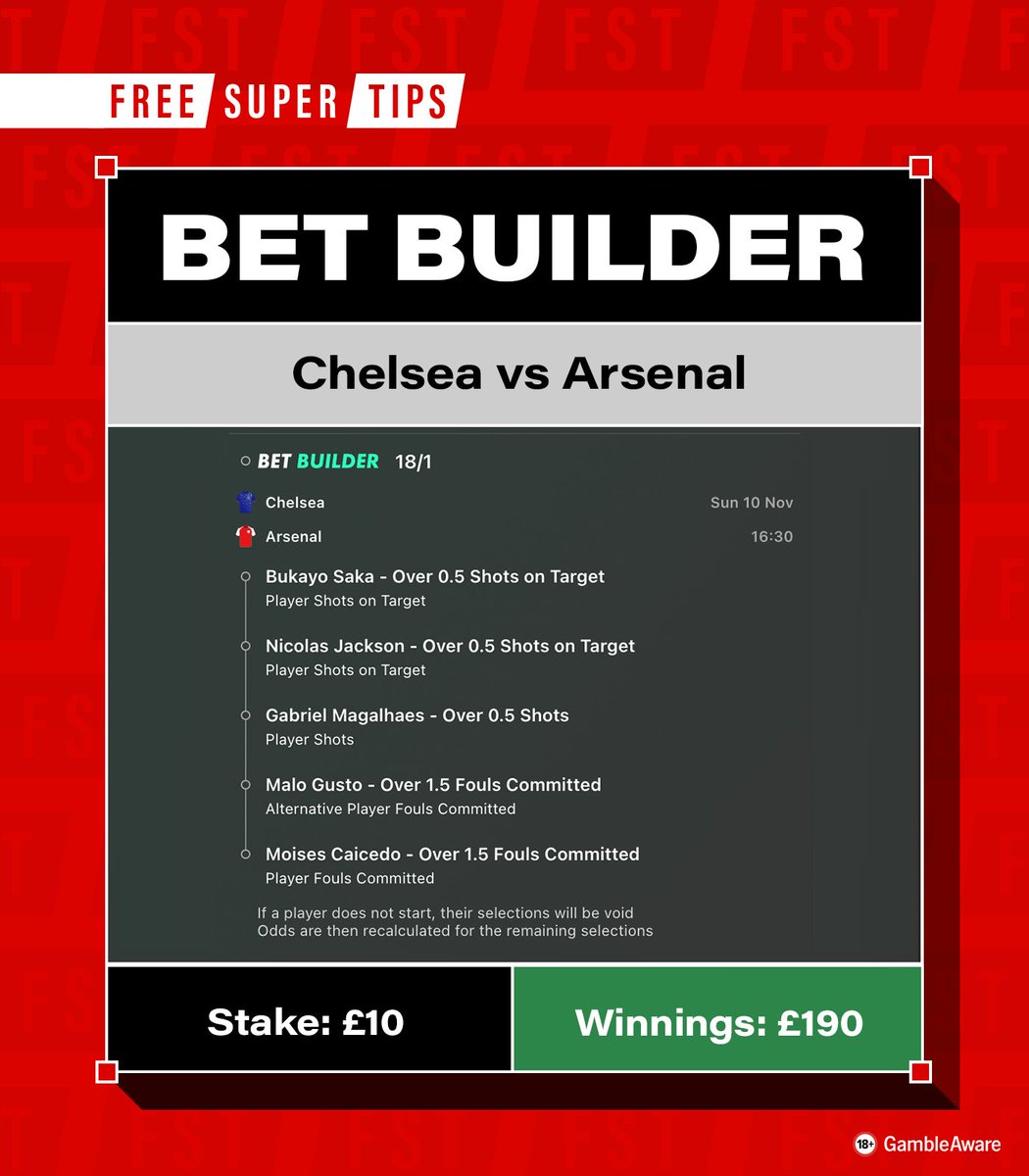 FootySuperTips's tweet photo. 🚨 COMPETITION TIME! 

We've put together a bet builder for Chelsea vs Arsenal!

If our Bet Builder lands, we'll give £190 in CASH to ONE person! 💰

To enter ⤵️
🔁 Retweet this tweet
✅ Follow - @FootySuperTips

18+ #GambleAware https://t.co/Ie5r68W7EN