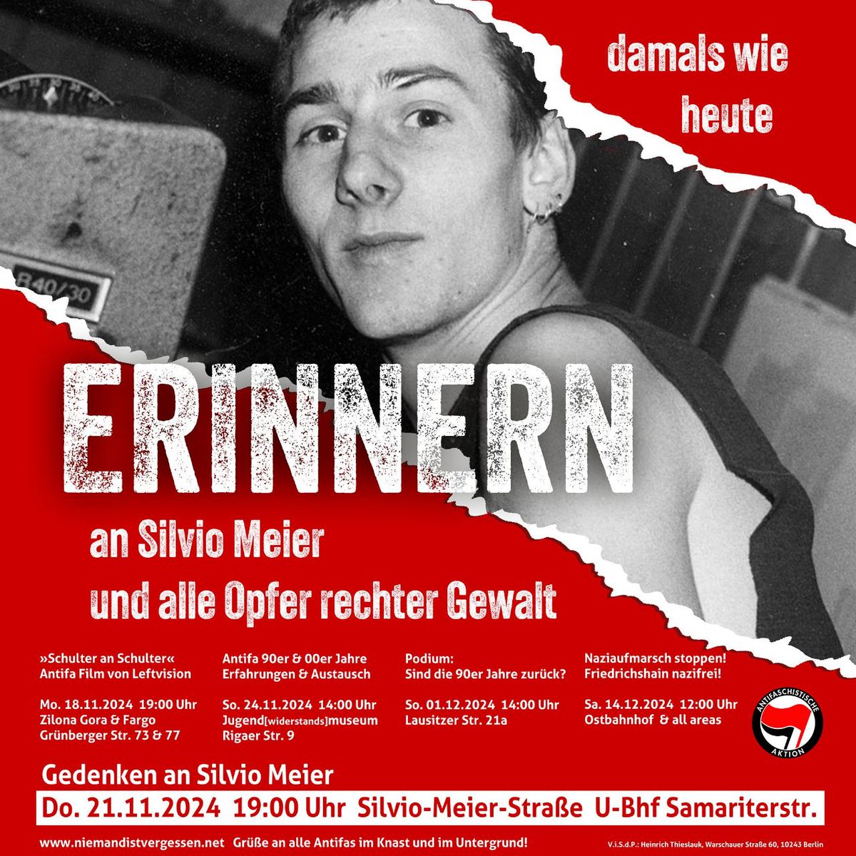 nivberlin's tweet photo. 🌹#Erinnernheißtkämpfen🌹
Gegen den #Rechtsruck! Für Silvio Meier &amp; alle Opfer rechter Gewalt!

🔴Veranstaltungsreihe
▪️18.11. #Antifa Film 
▪️21.11. #SilvioMeier #Gedenken
▪️24.11. Antifa in den 90er Jahren
▪️01.12. Sind die 90er Jahre zurück?

➡️https://t.co/QVvcrpxZCH https://t.co/ClBzVpEEu2