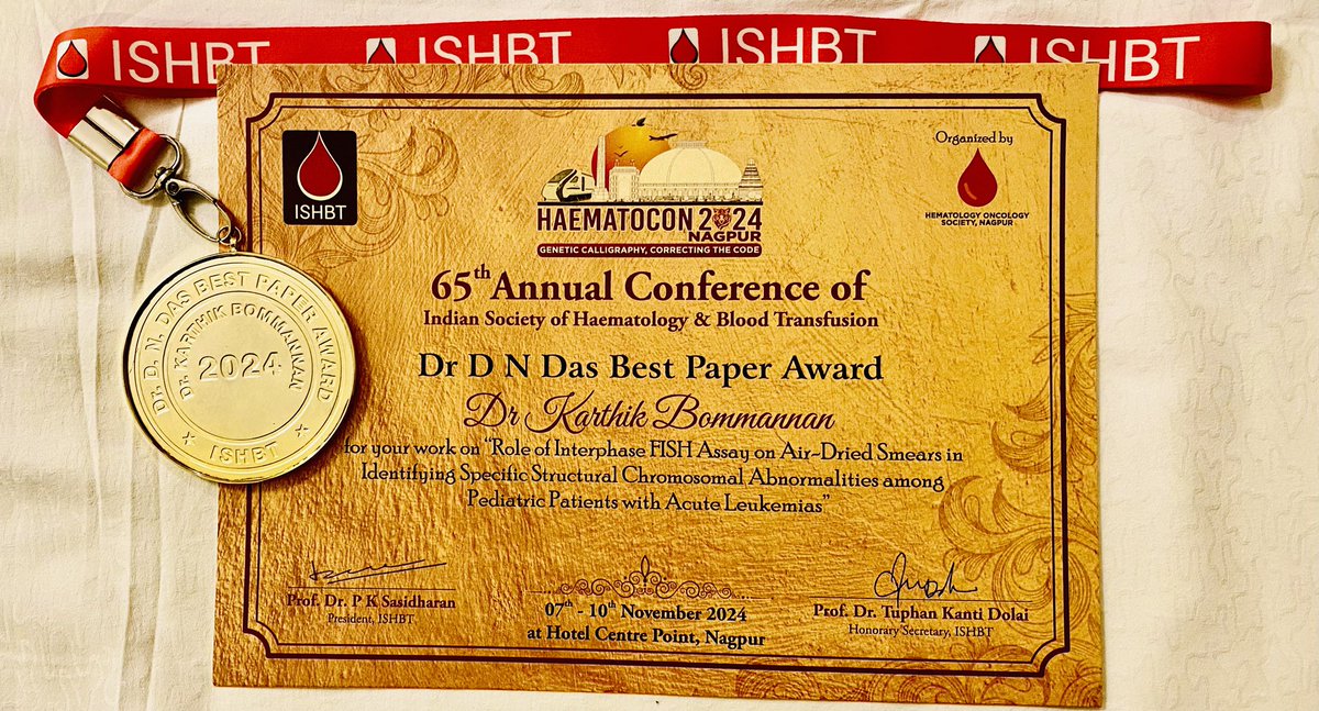 Happy to share that the original work done from our Oncopathology department at Cancer Institute (W.I.A), Adyar won Dr. D N Das Best paper award <a href="/Haematocon2024/">Haematocon 2024</a>