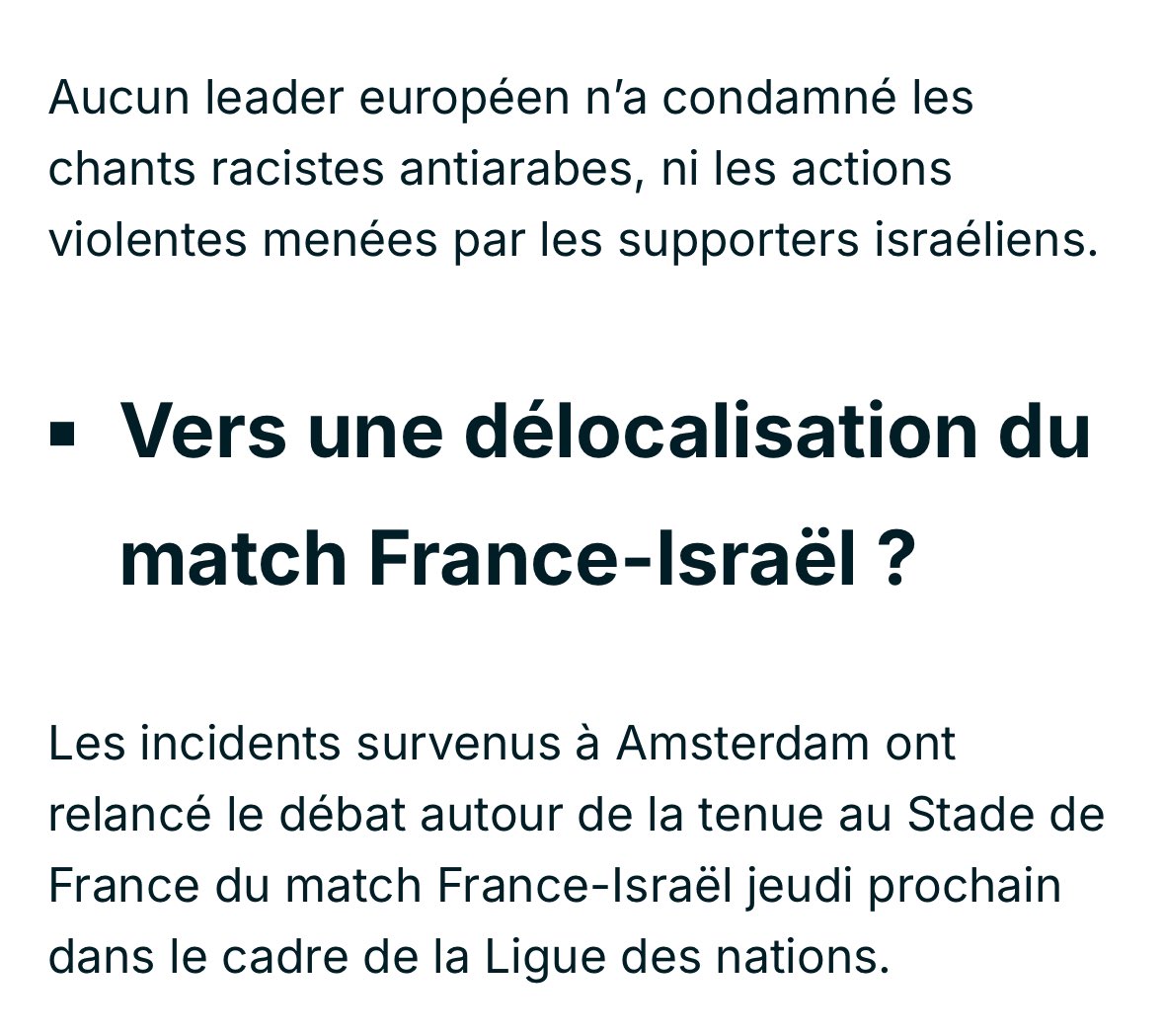 Das Medium <a href="/FRANCE24/">FRANCE 24</a> hält in einem Text über die Geschehnisse in Amsterdam fest, dass kein einziger europäischer (Spitzen)Politiker die rassistischen Gesänge/Taten der israelischen Fans verurteilt hat. Es ist ein Irrglaube, dass es Empathie nur für eine Seite geben darf.