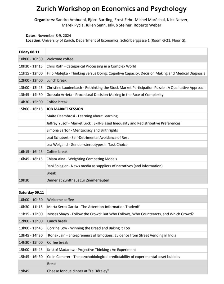 Wrapping up the 2024 edition of the Zurich Workshop in Economics and Psychology. Thanks a lot to everyone for making this such an amazing event! See you next year!
<a href="/econ_uzh/">Economics at Zurich</a> <a href="/CFCamerer/">Colin Camerer</a> <a href="/m_serra_garcia/">Marta Serra</a>
<a href="/C_Laudenbach/">Christine Laudenbach</a> <a href="/rani_spiegler/">rani_spiegler</a> <a href="/chiaraina/">Chiara Aina</a> <a href="/moseshayo/">Moses Shayo</a> <a href="/femonomics/">Corinne Low</a> <a href="/rjain_econ/">Ronak Jain</a>