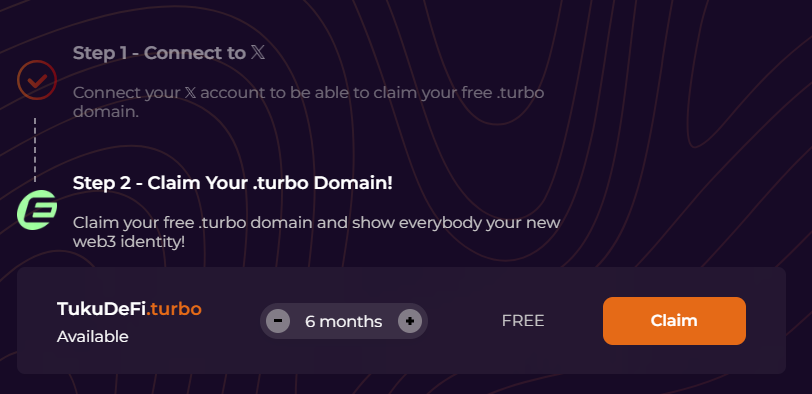 Si estáis farmeando Eclipse, podeís registrar un dominio .turbo gratis:

1. Entramos en eclipse.alldomains.id

2. Conectamos nuestra wallet y cuenta de twitter

3. Minteamos

Así de fácil 🫡

PD: Si aún no estáis farmeando Eclipse, podéis empezar con el post citado :)
