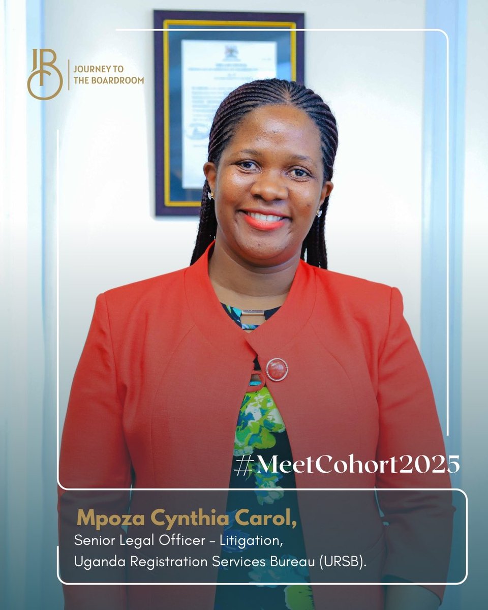 JTBoardroom's tweet photo. We are pleased to welcome @CynthiaMpoza to #JTB2025Cohort 
As a Senior Legal Officer – Litigation at the Uganda Registration Services Bureau, Cynthia brings a wealth of experience in cross-border legal practice across Uganda and Kenya. https://t.co/hLP2EmogVE