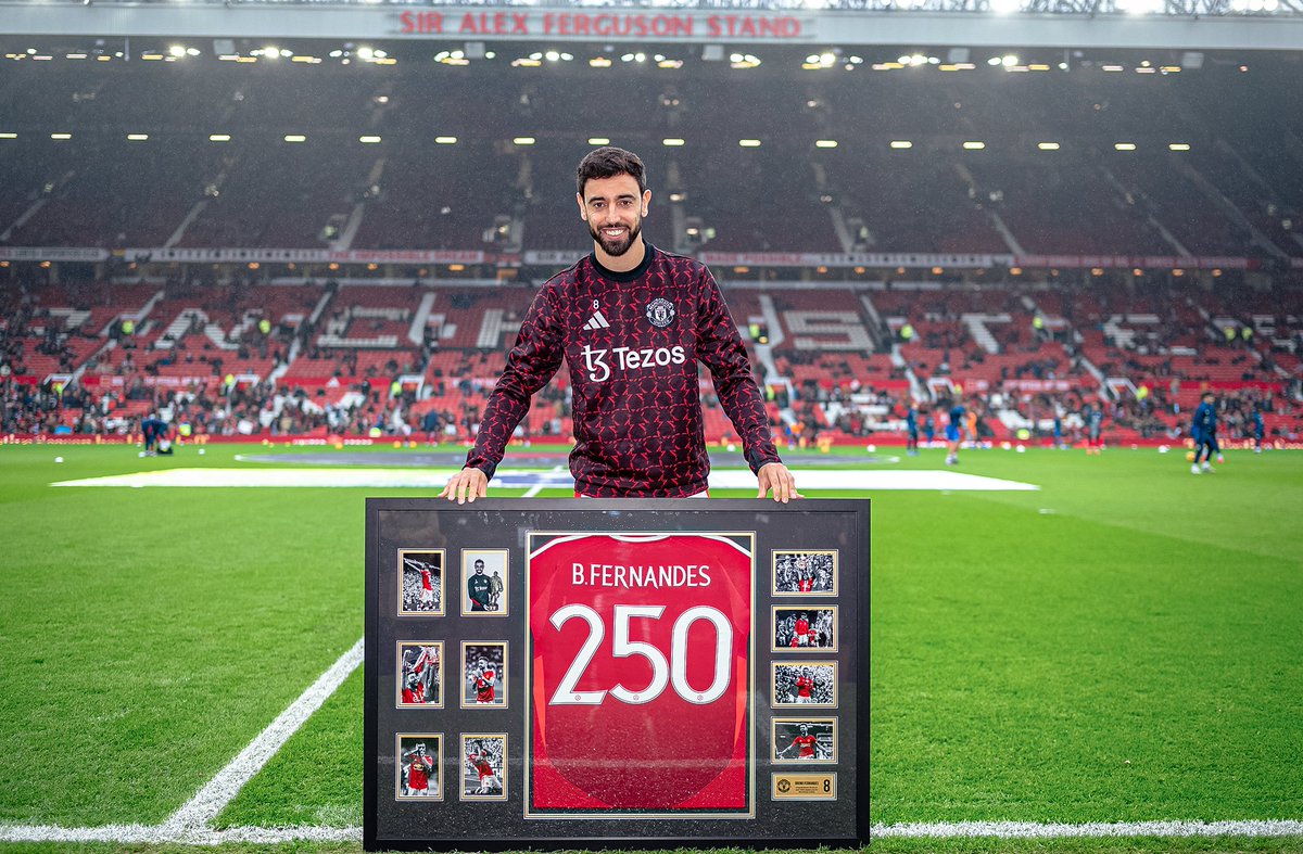 premierleague's tweet photo. Bruno Fernandes is set to make his 250th appearance in all competitions for @ManUtd today ✨

His side take on @LCFC at Old Trafford 🏟️

#MUNLEI https://t.co/wLOYt88NC3