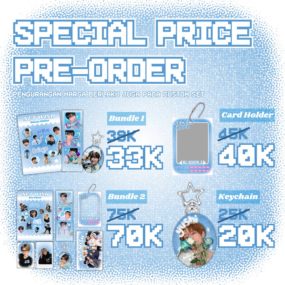 [SPECIAL PRICE] OPEN PRE-ORDER ⭐️

— NCT WISH fanmade merch
(Keychain, Card holder, Photostrip, Photocard, Polaroid, Sticker, Postcard)

6 November 2024 - 16 November 2024
Pelunasan by 🍊
📍Jakarta Barat

rts and likes are very appreciated 🫶🏻
forms.gle/Nsv8Y3JCJXjAaj…
🔽DETAILS🔽
