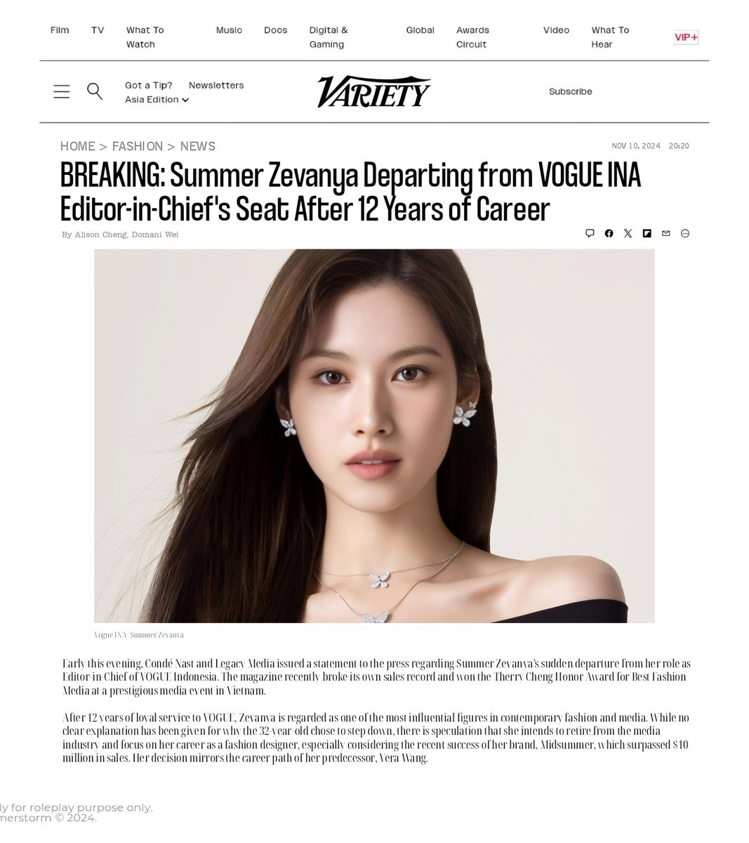 ⠀⠀⠀ 
𝗩𝗔𝗥𝗜𝗘𝗧𝗬 𝗔𝗦𝗜𝗔     |     HOME > FASHION > NEWS
⠀⠀⠀ ⠀⠀⠀ ⠀⠀⠀ ⠀⠀⠀ ⠀⠀         ⠀⠀⠀ NOV 10, 2024

BREAKING.⠀⠀ Summer Zevanya Departing from 𝖵𝖮𝖦𝖴𝖤 𝖨𝖭𝖠 Editor-in-Chief's Seat After 12 Years of Career 
⠀⠀⠀