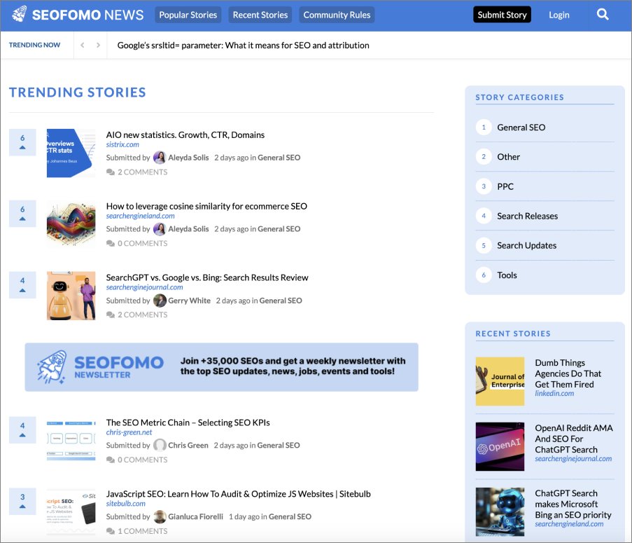 I'm delighted to announce the #SEOFOMO News: Your Real-Time Source for SEO and Digital Marketing news 👇👀

​SEOFOMO News is a news community designed for SEO and digital marketing professionals to stay current with the latest industry developments in real time, created to