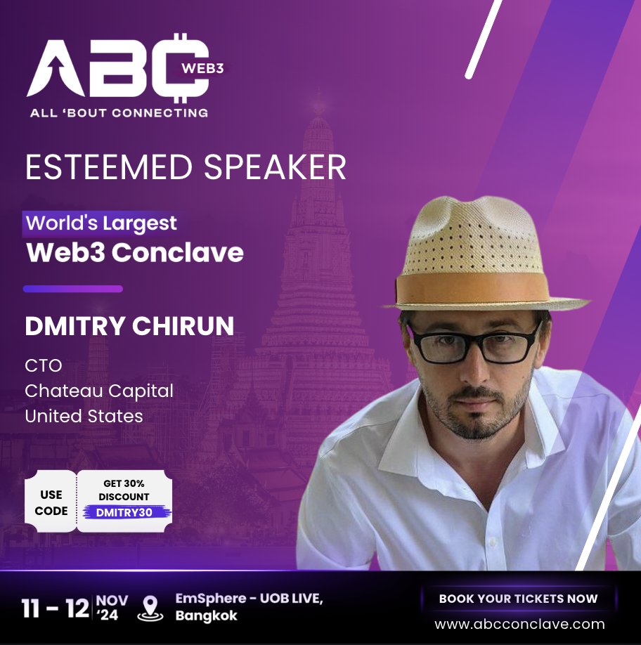 abc_conclave's tweet photo. Discover blockchain innovation with @dchirun  at ABC Conclave - Bangkok '24.

Dmitry is experienced CTO of Chateau Capital and Founder of Web3HQ, with prior roles as VP at Wargaming and BullPerks. Advisor to IBM Columbia Blockchain Accelerator, bringing over 24 years of expertise in leading remote teams across startups and established companies. 

He Holds an MS in cryptography and is a recognized expert in Web3 and gaming. Known for guiding products from concept to delivery and is an international speaker on blockchain, gaming, and investment topics.

Only limited passes are available.
Book Now to join us for an Insightful Journey into the World of of AI, web3 and gaming at #ABCBKK:  https://t.co/rCYb1NEHxU

#ABCBKK #ABC2024 #ABCConclave #ABCWeb3 #ABCAI #ABCGaming #BlockchainTalks #CryptoInsights #ABCDubai #Crypto #ABC2023 #Fintech #CryptoNews #NFT #DeFi #Web3 #FutureTech #Web3Community #BlockchainEvent #CryptoFestival #Dubai #CryptoEsports #Hackathon #CryptoLeaders #CryptoDubai #NFTABC #DeFiABC #Web3ABC #ABCDeFi #ABCWeb3 #SukhumvitRoad #UOBLIVE_Emsphere #BangkokEvents #DubaiBlockchain #BangkokNews #Thailand
