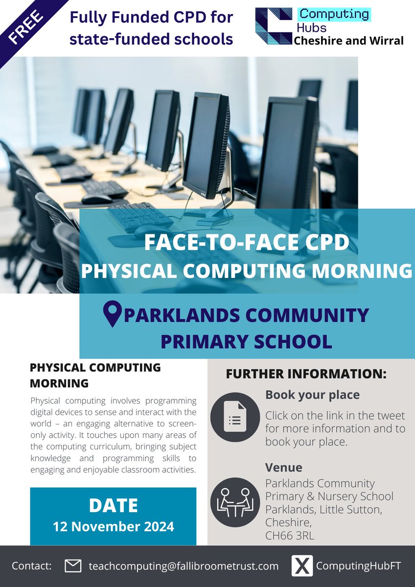 ComputingHubFT's tweet image. 🚨Last chance to book🚨
If you&apos;re in or around #Wirral #Cheshire join us for physical computing CPD @ParklandsCP @Concordia_MAT 
🗓️Tuesday 12 Nov 9-12
👉🏻Book here to reserve your place: stem.org.uk/cpd/539261/int…
🆓Fully-funded for state-funded schools