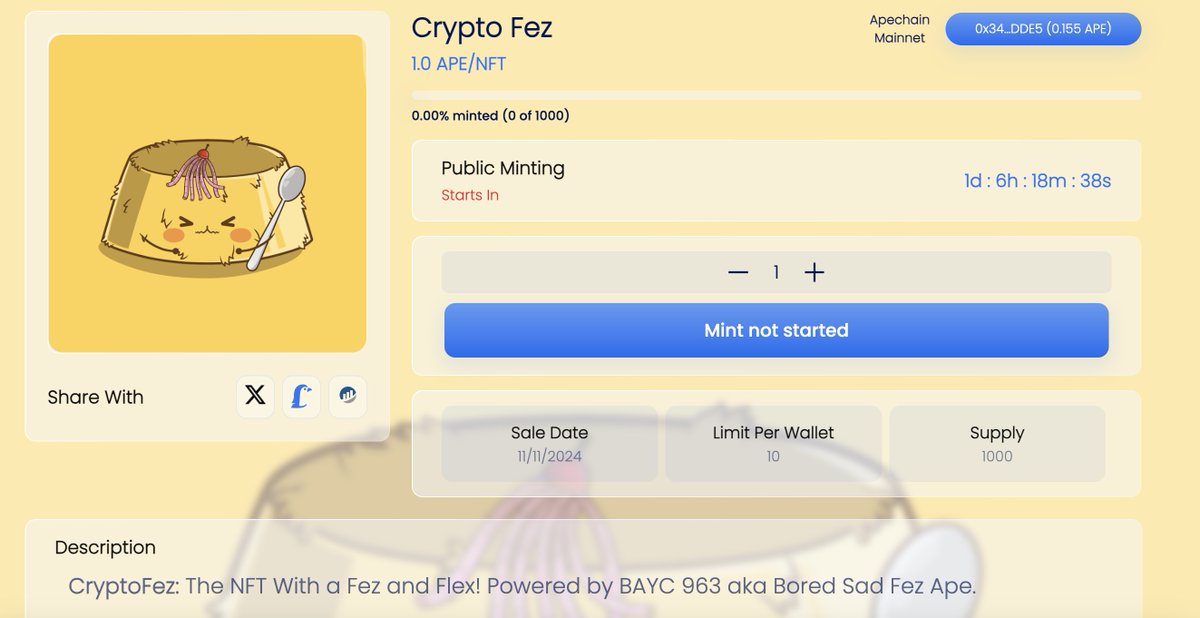 Bored Sad Fez Ape (@boredsadfezape) on Twitter photo Mint countdown begins... on <a href="/pufflesio/">Puffles | NFT Launchpad Tool for Apechain</a> #ApeChain
#CryptoFez going live on 11/11
Links below 🔽
cryptofez.io Mint countdown begins... on <a href="/pufflesio/">Puffles | NFT Launchpad Tool for Apechain</a> #ApeChain
#CryptoFez going live on 11/11
Links below 🔽
cryptofez.io