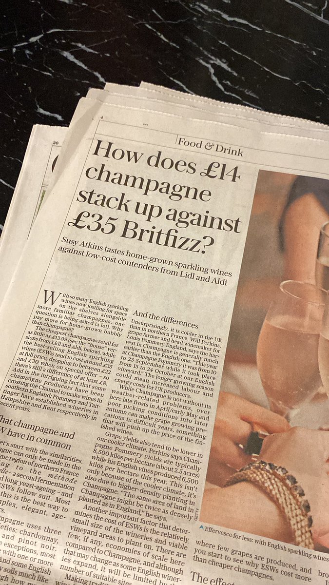 Good to see this topic being covered in the weekend press by <a href="/SusyAtkins/">Susy Atkins</a> <a href="/Telegraph/">The Telegraph</a> <a href="/TelegraphFood/">Telegraph Food</a> and recognition of wines made by traditional method 
#englishwine #englishsparklingwine #champagneversusenglishsparkling