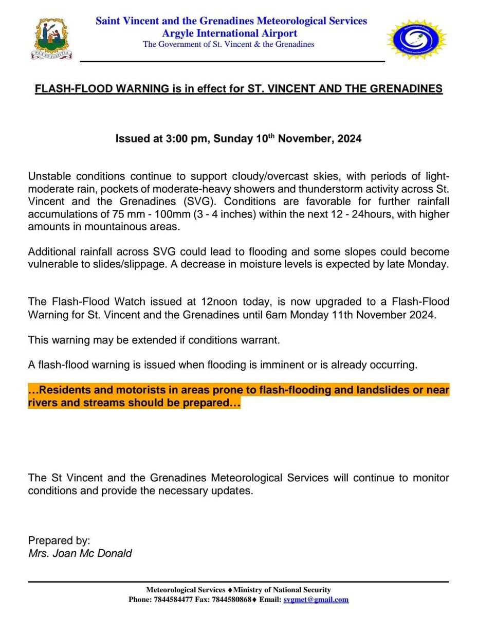 The Flash Flood Watch has been upgraded to a Flash Flood Warning as of 3pm today by the SVG Met Services
