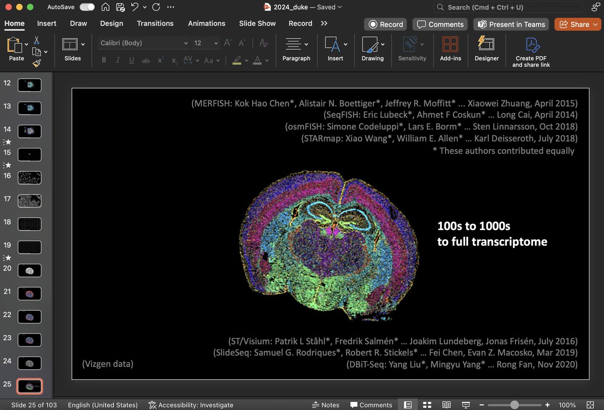 I am updating my lecture slides on #spatialtranscriptomics to use author names + remove journal names to de-emphasize brands and re-emphasize people per #HHMI recs. In the process, I realized ALL the seminal techdev work has been led by co-first authors contributing equally 🧵1/3