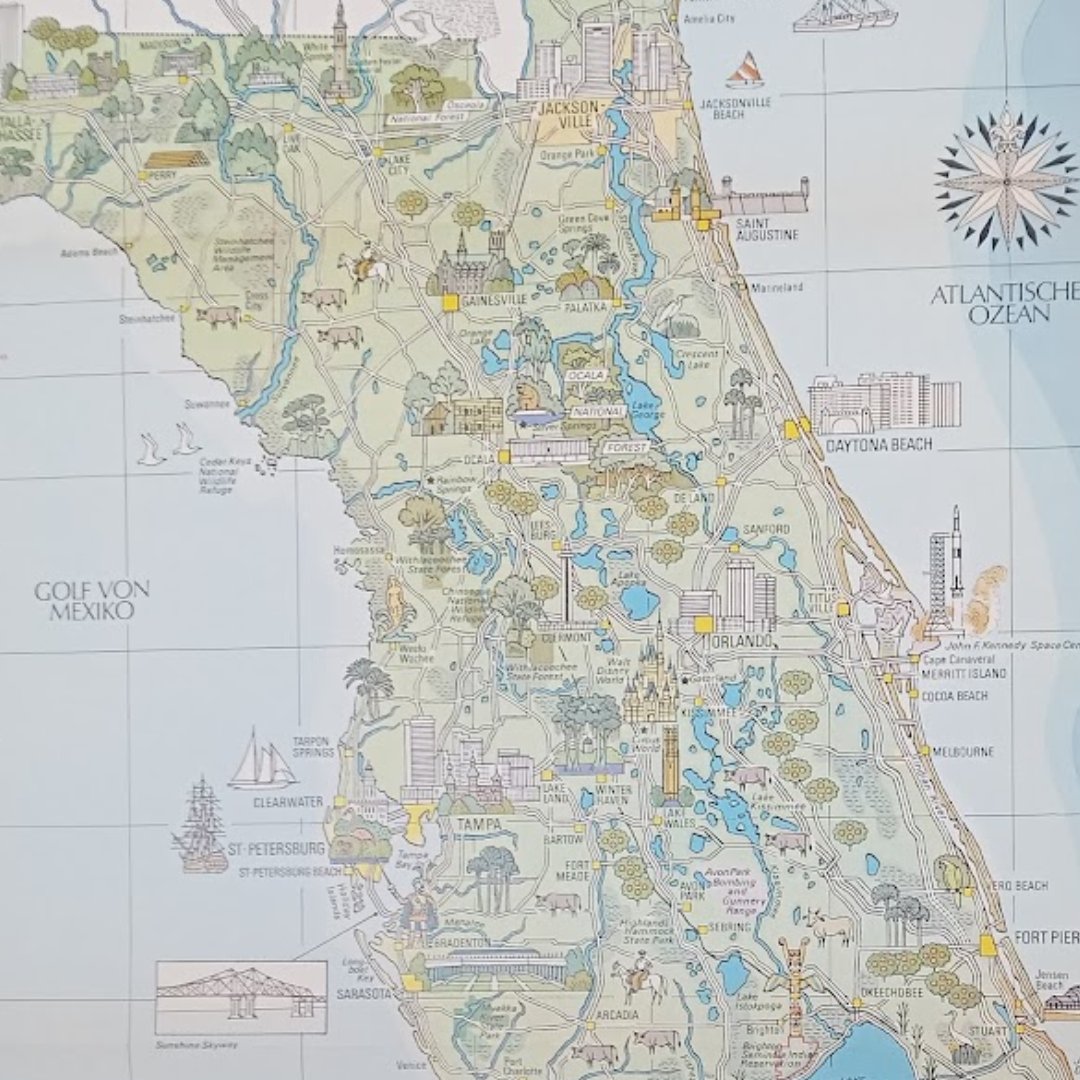 mapmapnmap's tweet image. 🗺️ Explore Florida through this beautifully detailed vintage map! From the Everglades to bustling cities, this map captures the Sunshine State’s natural wonders and cultural landmarks. Perfect for collectors and travel lovers! 🌴✨