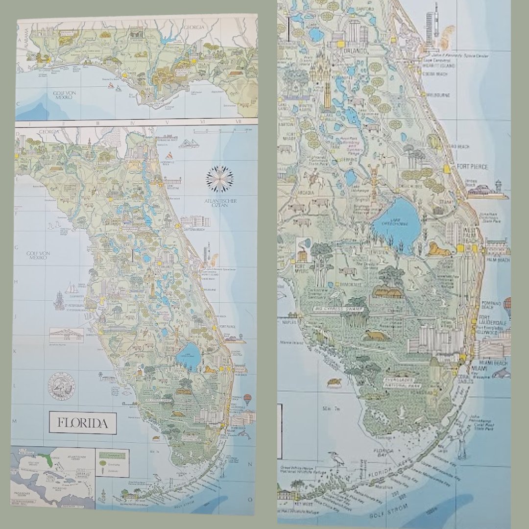 mapmapnmap's tweet image. 🗺️ Explore Florida through this beautifully detailed vintage map! From the Everglades to bustling cities, this map captures the Sunshine State’s natural wonders and cultural landmarks. Perfect for collectors and travel lovers! 🌴✨