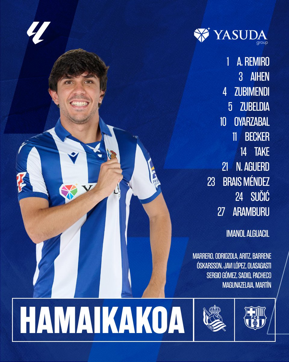 RealSociedad's tweet photo. 📝 ¡La 𝗔𝗟𝗜𝗡𝗘𝗔𝗖𝗜𝗢́𝗡 de la Real 🆚 @FCBarcelona_es!

#RealSociedadBarça https://t.co/L2aZyZrkm2