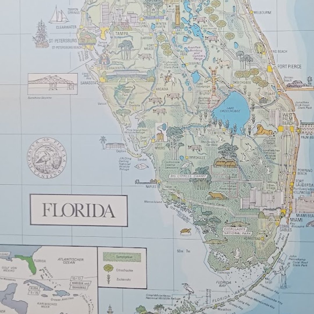 mapmapnmap's tweet image. 🗺️ Explore Florida through this beautifully detailed vintage map! From the Everglades to bustling cities, this map captures the Sunshine State’s natural wonders and cultural landmarks. Perfect for collectors and travel lovers! 🌴✨