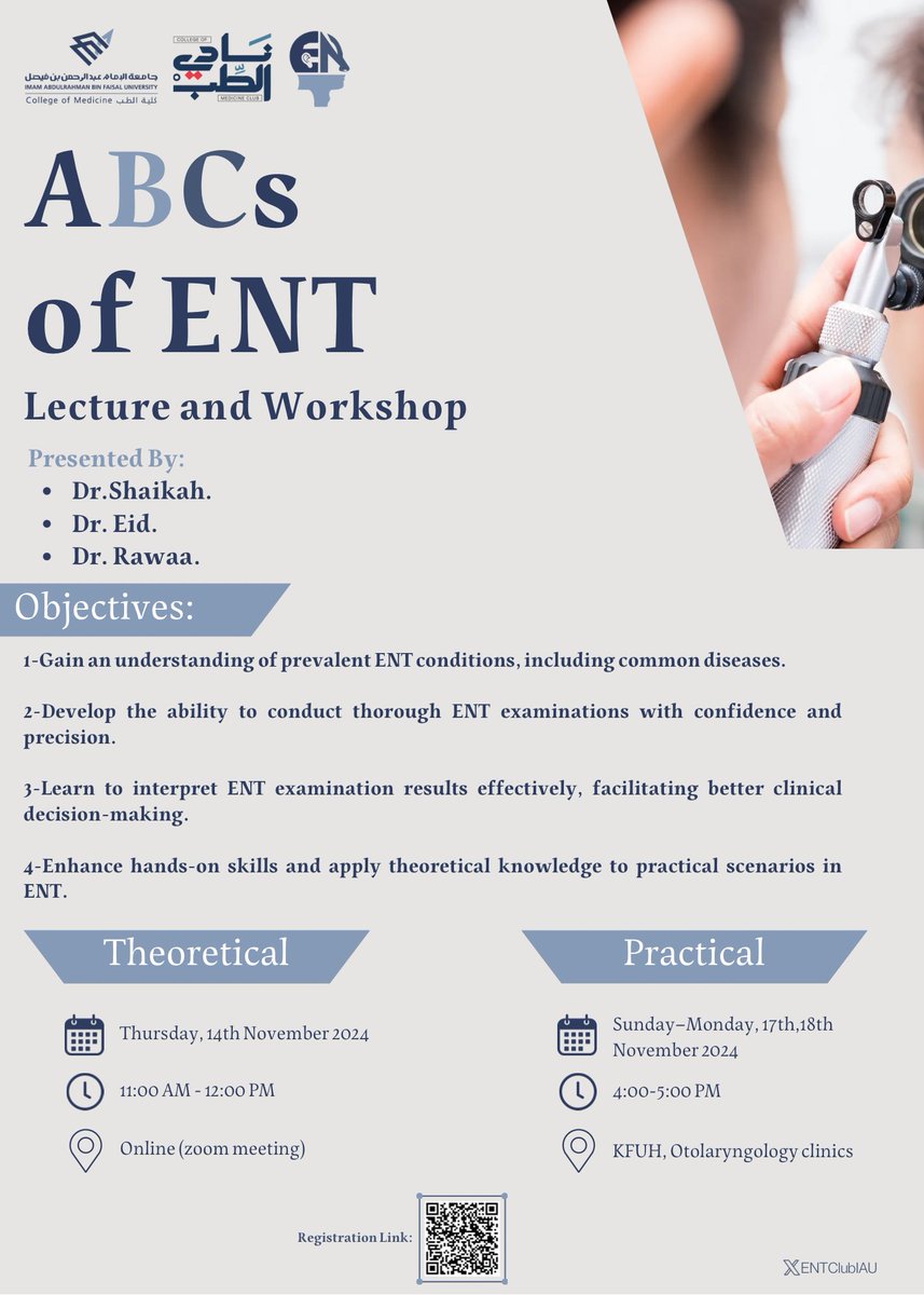 Call for all ENT enthusiasts!✨ 

We’re excited to announce our upcoming ABCs of ENT lecture and workshop! Which is a great chance to dive into ENT essentials. 

🧷: docs.google.com/forms/d/e/1FAI…

🛑The deadline is Wednesday, 12PM.

There will be certificates for attendance!🤩