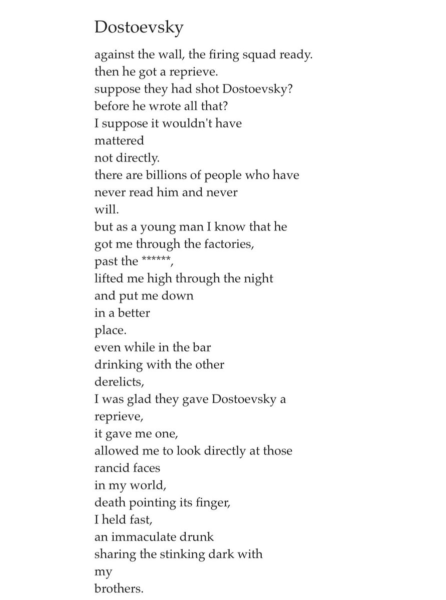 btwn_dimensions's tweet image. “Hurrah for Karamazov!”

Ending this thread by quoting Charles Bukowski’s poem on Dostoevsky.

“I was glad they gave Dostoevsky a
reprieve,
it gave me one”