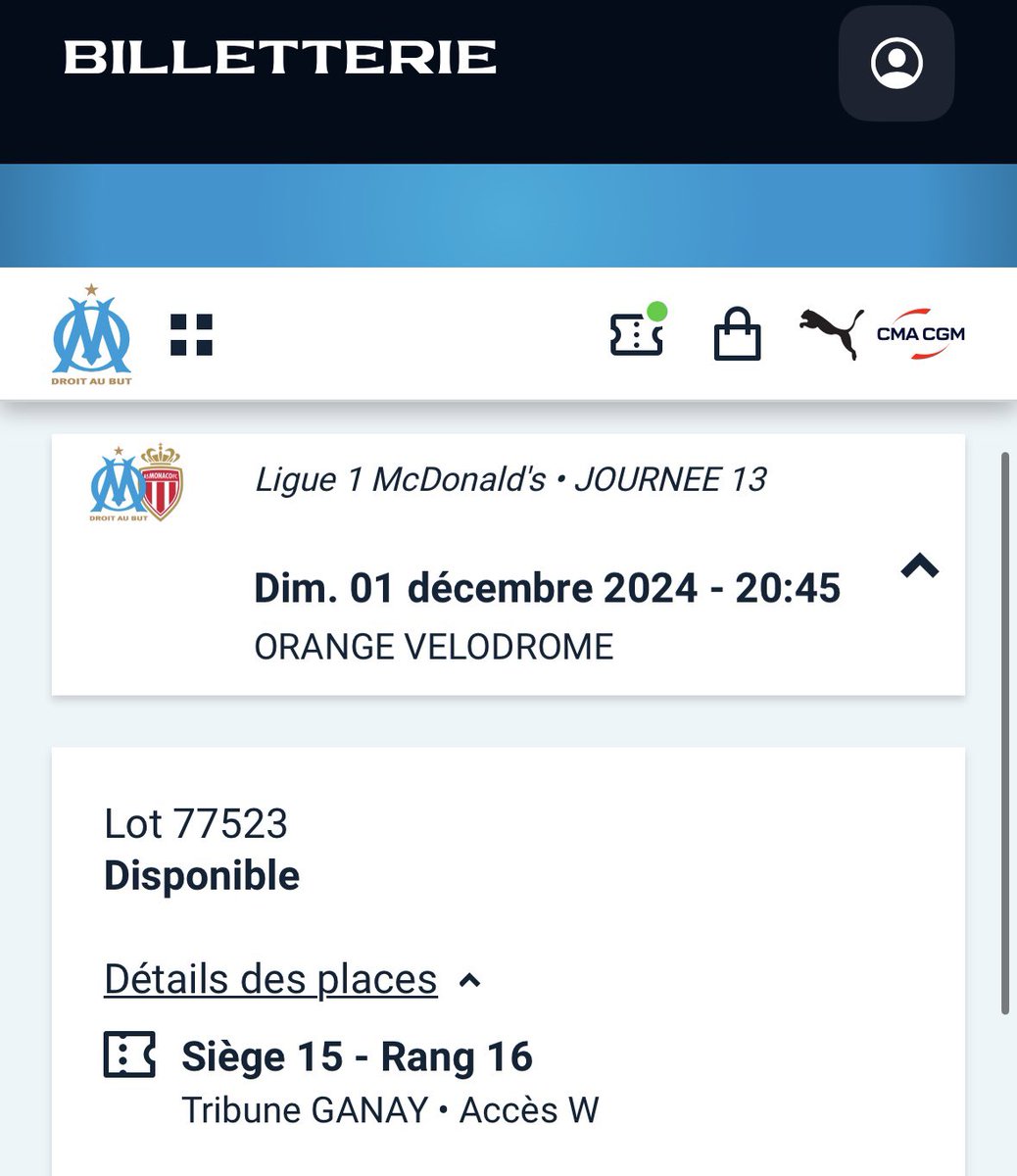 PlaceOMFoot's tweet photo. Salut la #TeamOM

Je vend une place en ganay travée W rang 16 siège 15  pour la rencontre OM / Monaco.

( très bien placé )

Prix : 75€ la place
au #velodrome dimanche 1er décembre à 20h45

dm ouvert

#OMMONACO #orangevelodrome #OM
#TeamOM #teamom https://t.co/oDp4WsuC2E