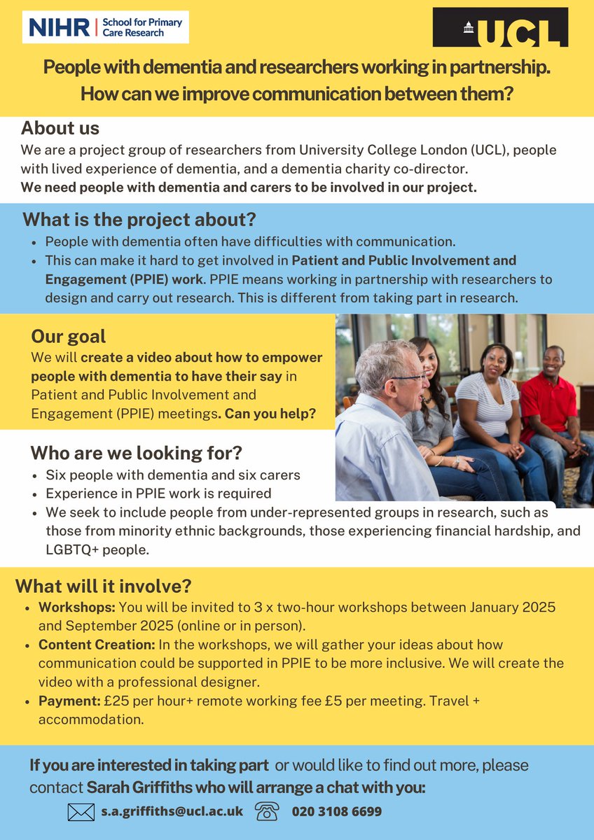 Adam Smith (@betterresearch) on Twitter photo Please help <a href="/sgriffiths_6/">Dr Sarah Griffiths</a> who is looking for people with #dementia and carers to help improve communication in research! This UCL project aims to co-create a video on empowering voices in Patient and Public Involvement and Engagement (PPIE). Workshops start in 2025 with £25/hr Please help <a href="/sgriffiths_6/">Dr Sarah Griffiths</a> who is looking for people with #dementia and carers to help improve communication in research! This UCL project aims to co-create a video on empowering voices in Patient and Public Involvement and Engagement (PPIE). Workshops start in 2025 with £25/hr